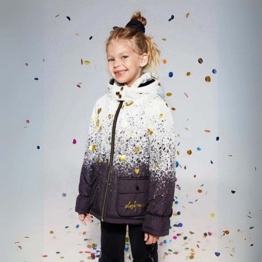 NWT Desigual Girls Size 11 12 Black White Gold Hearts Hooded Puffer Jacket Coat